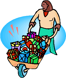 wheelbarrow of gifts