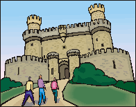 Three people walking into a castle